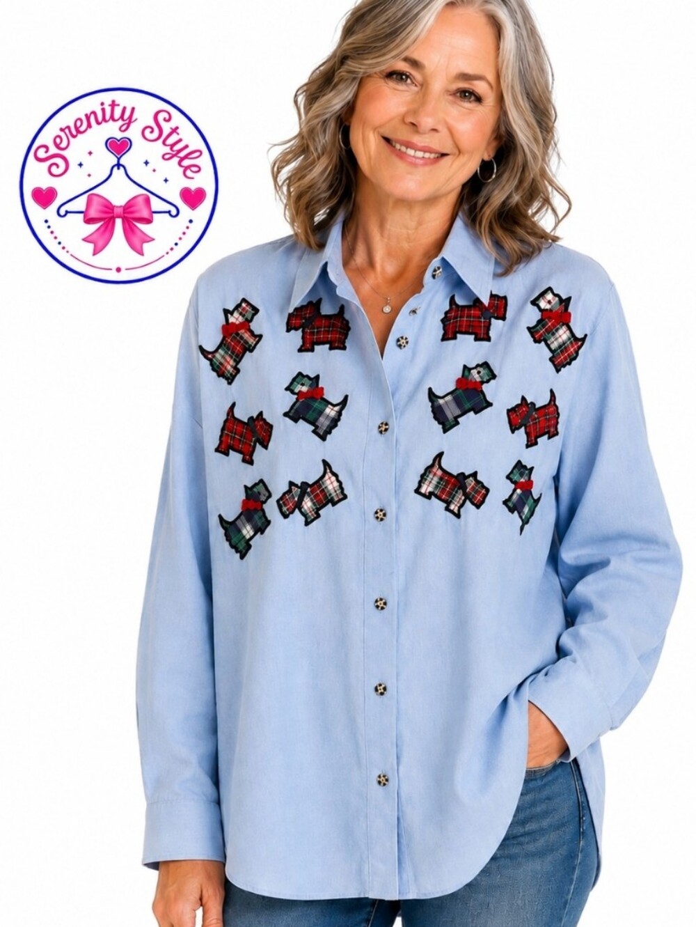Denim Republic Large Vintage Scottie Dog Plaid Applique Button Down Shirt